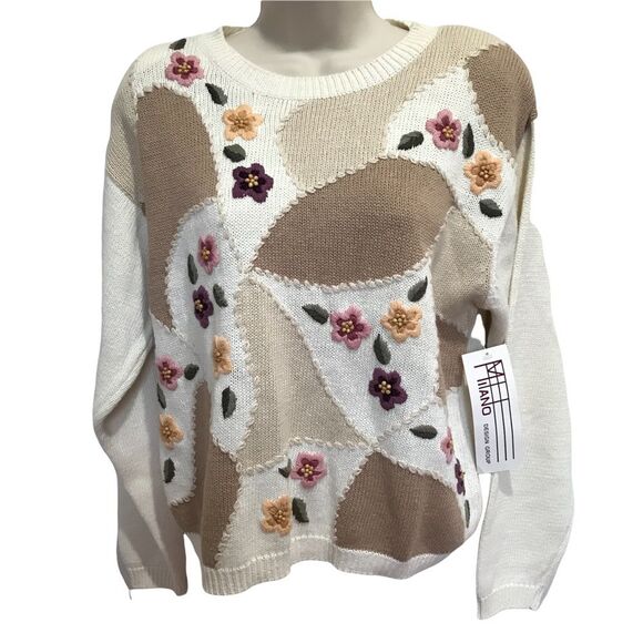 Vintage Milano Crewel Embroidered Beaded Sweater Cream Sz L NWT - Picture 1 of 15